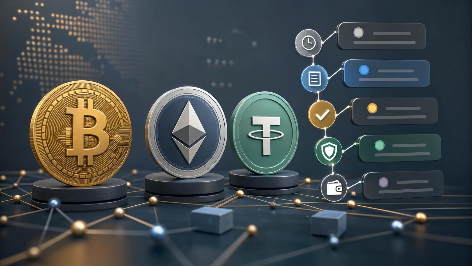 Exchange order screen showing the stages of a BTC, ETH or USDT transaction from deposit detection to completion